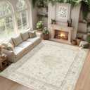 Washable Area Rug 8x10: Boho Vintage Cream Rugs for Living Room Bedroom - Soft Non Slip Stain Resistant Carpet Indoor - Beige Floral Medallion Design