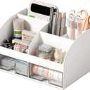 COMFYROOM Desk Organizer with 6 Compartments and 2 Drawers, Plastic Makeup Organizer, Pen Holder for Desktop Storage, Desk Organization for School, Home, Office Supplies (White)