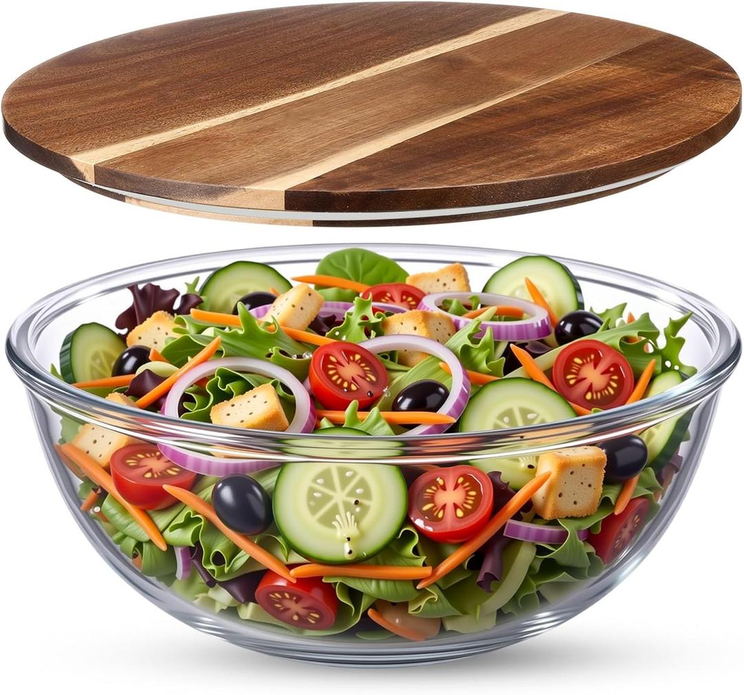 LemonRoad 12 Inch Large Salad Bowl with Acacia Wood Lid Glass Thick Salad Trifle Bowl Versatile Mixing and Serving Dish for Dessert Fruit Pasta Ice Cream Cake Baking Dishwasher Safe
