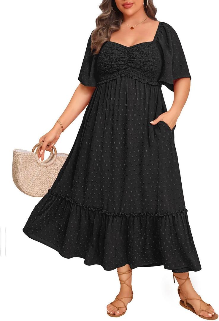 Plus Size Summer Dresses - Maxi Casual Wedding Guest Graduation Easter Long Dress with Pockets (Black)
