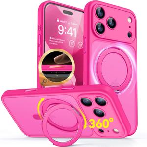CANSHN 360 Spin Magnetic Stand for iPhone 17 Pro Max Case with Camera Control [Full Camera Protection] [Compatible with Magsafe] Translucent Matte Shockproof Protective Phone Cover 6.9" - Hot Pink