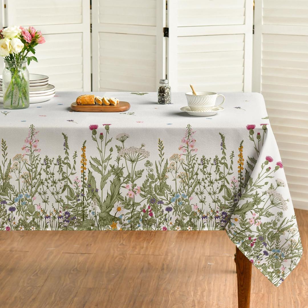 Horaldaily Spring Summer Tablecloth 60x104 Inch Rectangular, Wild Flowers Floral Table Cover for Party Picnic Dinner Decor (Beige)
