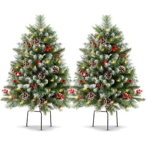 34" Prelit Small Christmas Tree with Lights, Battery Operated Xmas Tree with Pine Cedar Cones & Berries, Frosted Urn Filler, 50 LED Warm Lights with Timer, Outdoor for Porch and Pathway, 2 Pack
