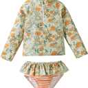 DREAM BUS Toddler Girls Long Sleeve Swimsuit 2 Piece Rashguard Set Sun Protection Baby Girls Bathing Suit Kids Swimwear (18-24 Months, #1 Floral Whirl in Orange)