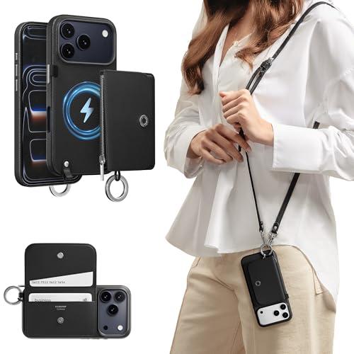 MAGEASY Designed for Phone 17 Pro Wallet Case with Crossbody Strap - Compatible with MagSafe Detachable Coin Purse & Card Slot, Leather Crossbody Lanyard, 16ft Drop Protection | Pouch M (Black)
