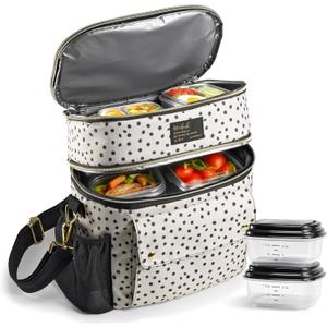 Fit & Fresh Westminster Dual-Compartment Insulated Lunch Bag for Women, Complete Lunch Set with 2 Containers, Double Deck Insulated Cooler Bag with Adjustable Strap, Black & White Polka Dots