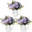 Dining Table Centerpiece Sets 3 Artificial Rose Bouquet with Vase - Farmhouse 6 Pcs Silk Flowers and 3 Pcs Metal Pot Small Faux Floral Arrangements for Wedding Party Home Kitchen Bathroom Dcor, Lilac