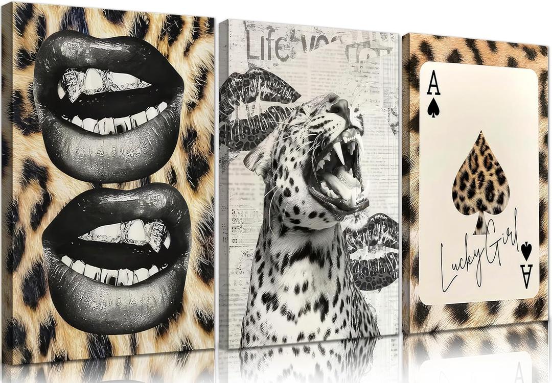 3Pcs Trendy Cheetah Roaring Canvas Wall Art Leopard Lucky Girl Poker Lips Painting Picture Wall Decor Funky Preppy Poster Print Artwork for Bedroom Girly Room Living Room Apartment Home Decoration (24L"16W" Canvas)
