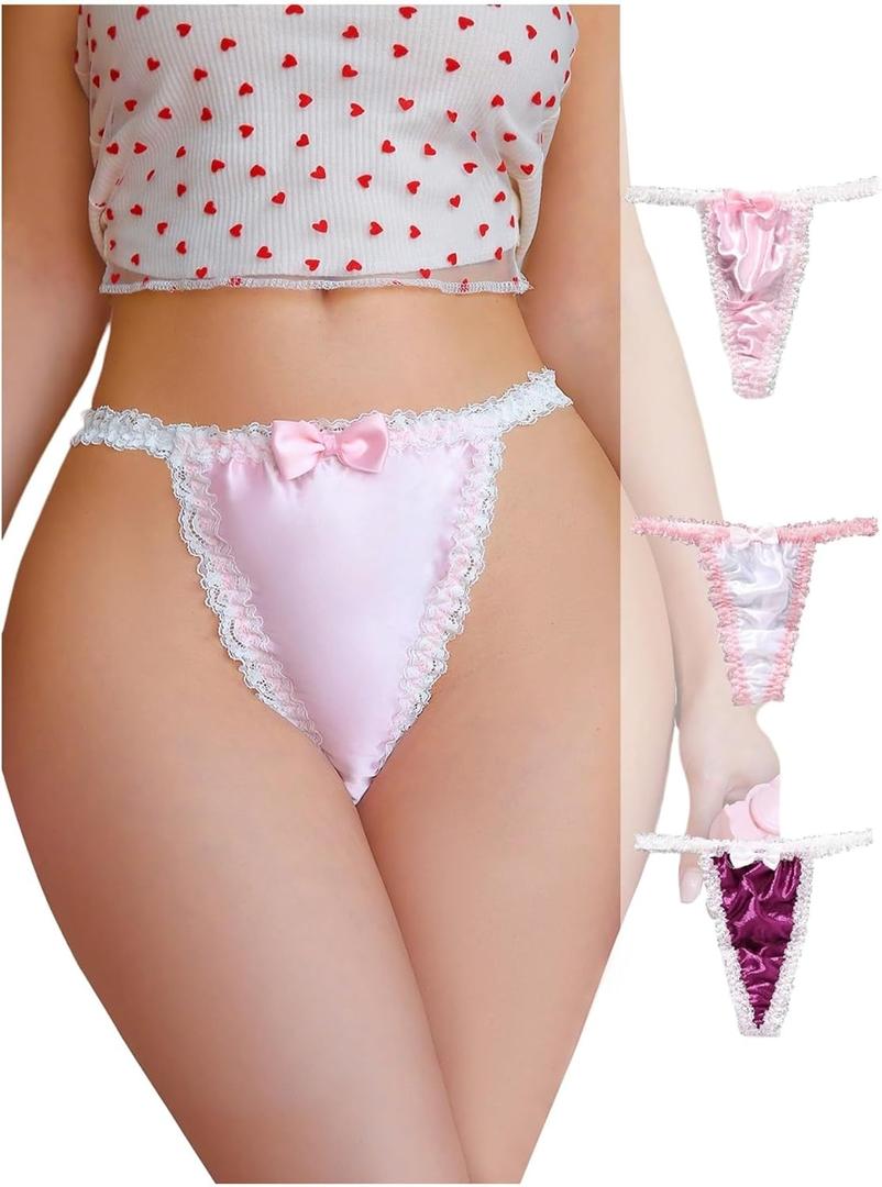 SweatyRocks Women's 3 Pack Bow Satin Thongs Low Rise Panties Cute Underwear (Medium, Multicolor)
