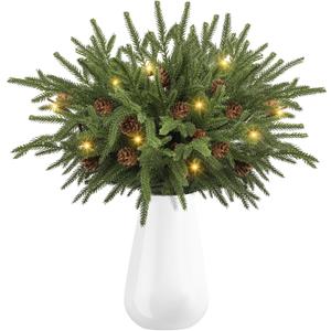 Dapclca Christmas Norfolk Pine Branches with Warm Light, Artificial Xmas Greenery Leaves Stems and Tree Branches for DIY Garlands, Wreaths, Crafts, Holiday and Home Centerpiece Table Decorations