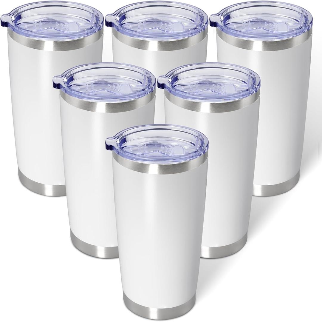 AIANJI 20oz Tumbler Bulk Stainless Steel Tumblers with Lid Vacuum Insulated Double Wall Travel Coffee Mug Powder Coated Tumbler Cup for Hot and Cold Drinks(White, 6 pack)