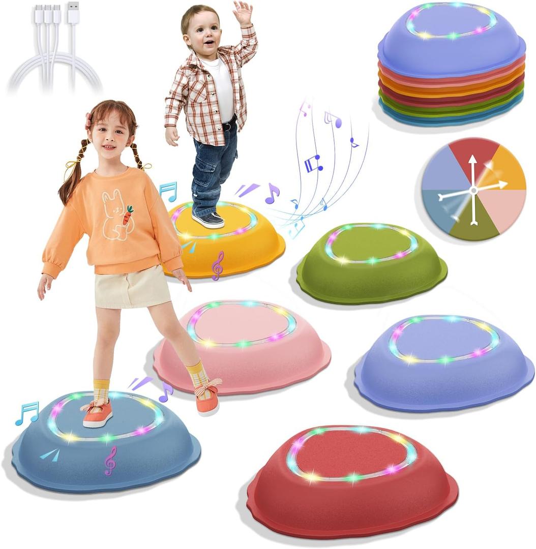 Rechargeable Stepping Stones for Kids, 6pcs Non-Slip Toddler Stepping Stones with Light & Music, Sensory Toys for Indoor and Outdoor Play, Gifts Balance Toys for Toddlers/Kids 3-5 Years Old