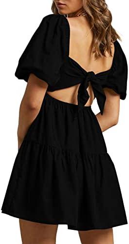 OWNGIGI Women's Summer Dress Square Neck Puffy Short Sleeve Loose Tie Back Casual A-Line Mini Dresses(S)