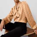 Womens Diamond Shadow Tie V-Neck Popover Top Long Sleeve Shirt Casual Golden Blouse (M)