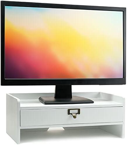 EXCELLO GLOBAL PRODUCTS Wooden Monitor Stand: Includes Drawer for Desktop Organization of Notebooks, Pens, Pencils & Office Supplies (White)