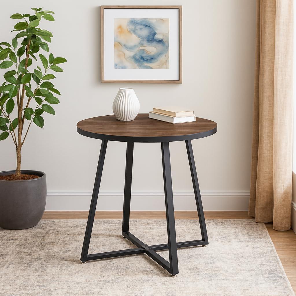 35.4-Inch Small Round Wood Top Dining Table - Brown/Gray Kitchen Table with Ample Space for Leisure Coffee Tea Time, Suitable for Dining Room, Living Room (Brown)