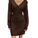 GraceSelect Coffee Womens 2025 Fall Long Sleeve Sweater Dress Trendy V Neck Party Dress Button Down Loose Mini Dresses, L