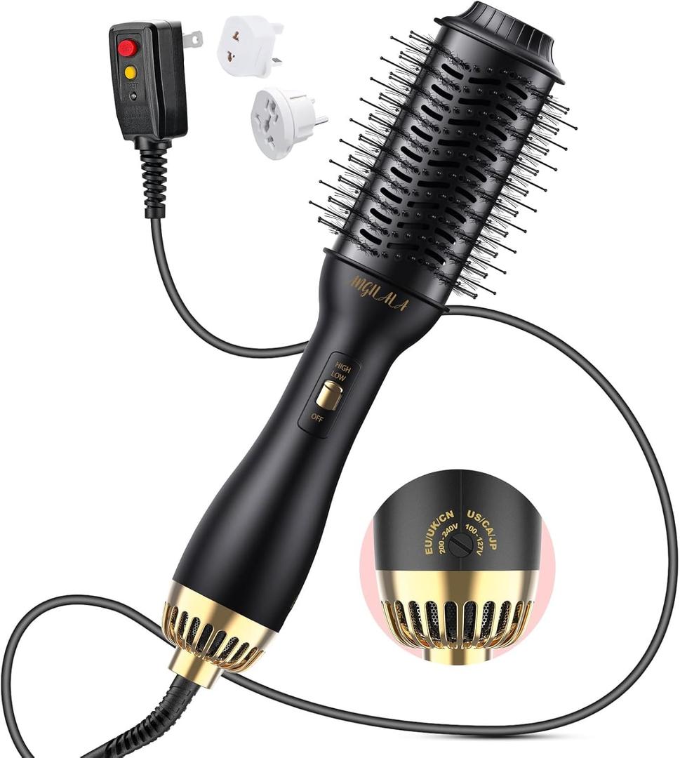 Dual Voltage(100~250V) Hair Dryer Brush with European Plug Adapter for International Travel, Europe Travel Essentials for Women (Large Size, Black)