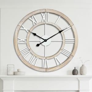 24 Inch Large Rustic Wall Clock Silent Non-Ticking Wooden Wall Clocks with Roman Numerals Farmhouse Decorative Clock for Living Room Bedroom Office (Light Lvory, 24 Inch)
