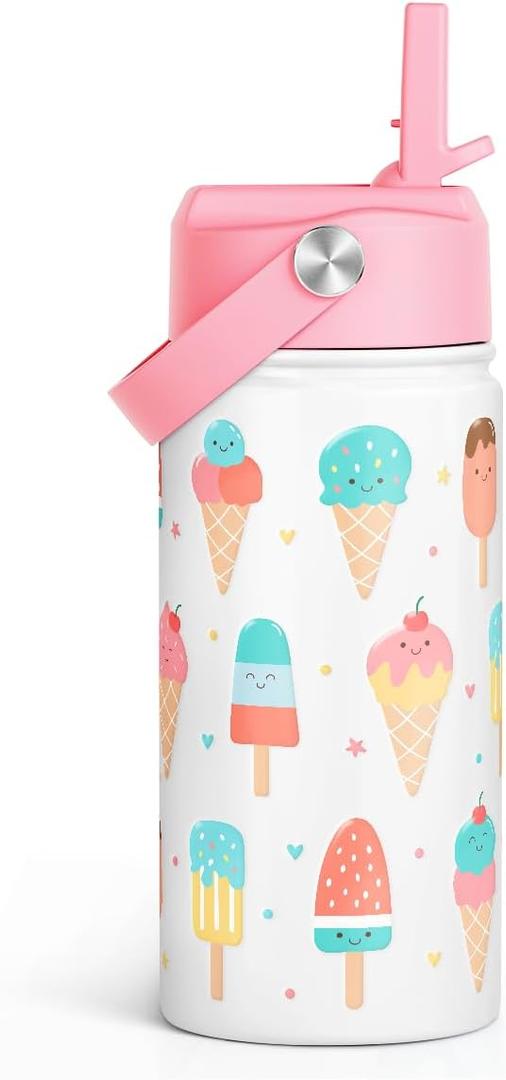 SANDJEST Ice Cream Kids Water Bottle With Straw Lid 12oz Insulated Stainless Steel, Travel Tumbler, Gifts For Girls, Birthday, Christmas, Back To School