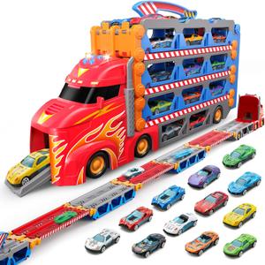 SYNCFUN Carrier Truck Race Track Toddler Toy - 8-FT Foldable 3 Layer Toy Truck with 12 Die-Cast Metal Racing Cars and Lights & Sounds Gift for 3 4 5 Years Old Boys and Girls-Blue