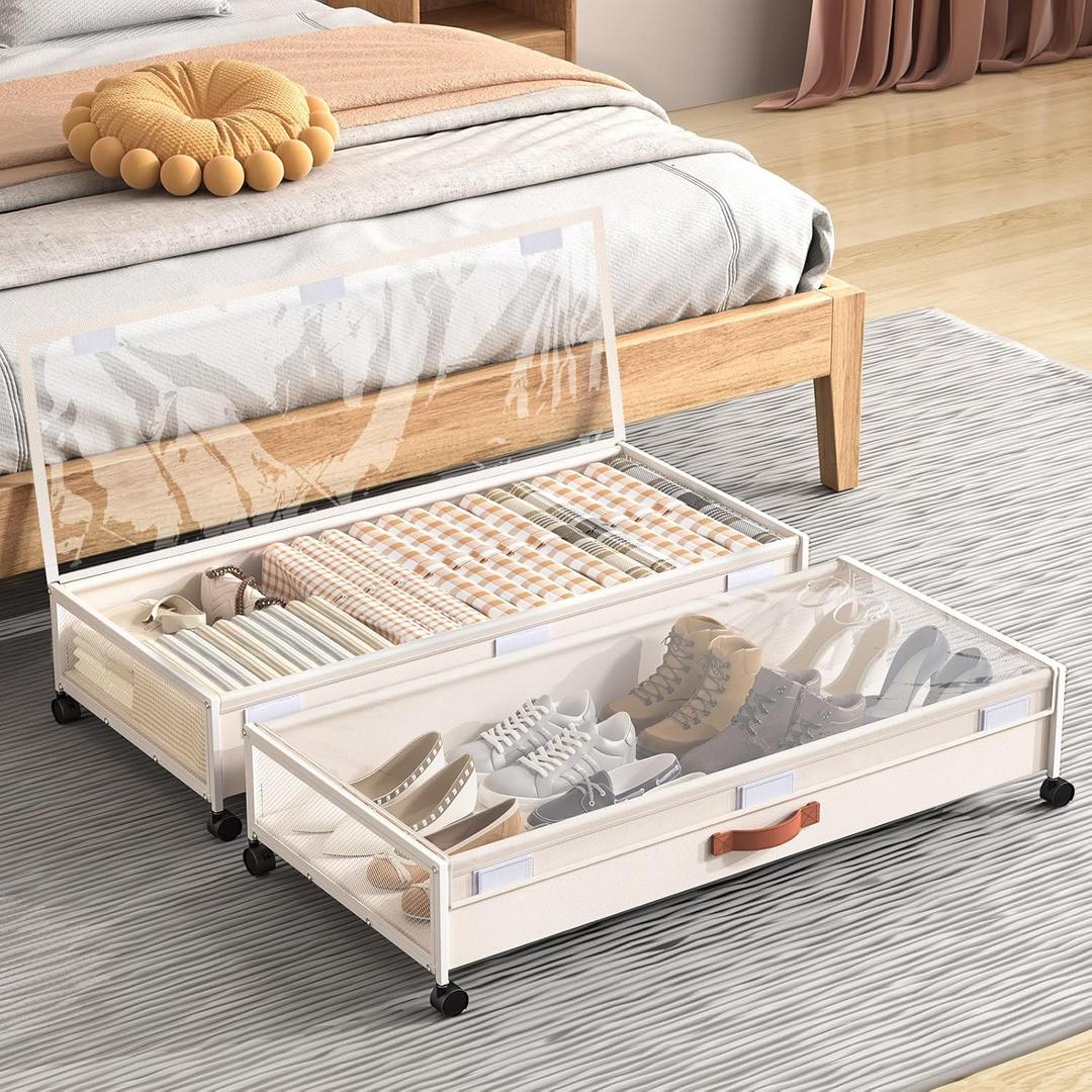 Under Bed Storage Containers with Wheels Large Underbed Shoes Blankets Clothes Toy Storage Drawers for College Dorms Bedrooms Nursery Rooms Organization (White 2 Pack, 7.5in height(36"x16.6"x7.48"))
