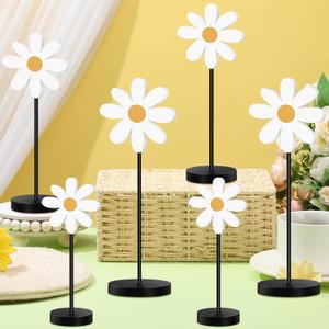 Geetery 6 Pack Spring Floral Centerpieces Wooden Daisy Table Decor Boho Daisy Flower Tabletop Decor Spring Table Decorations for Home Farmhouse Kitchen Dining Living Room Office Desk(White)