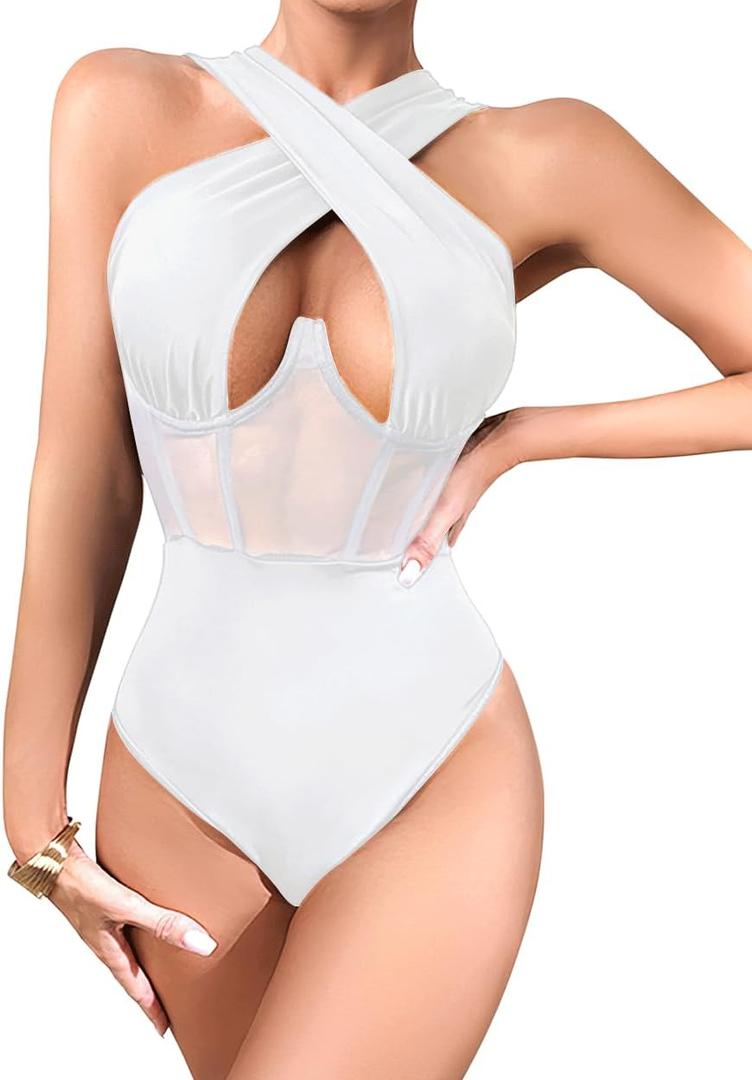 CRIPOM Sexy Thong Bodysuits for Women Going Out Outfits Womens Body Suits Tops Halter Top Bodysuit Sleeveless Rave Bodysuit Women Clubbing Tops (White, M)