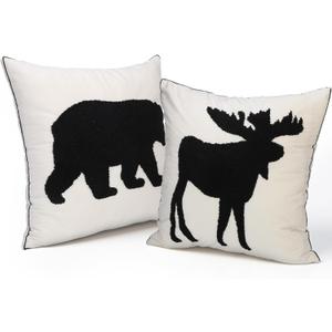 2 Pcs Christmas Black Bear Reindeer Pillow Covers 18 x 18 Inch 3D Embroidered Animal Throw Pillow Covers Winter Cushion Case for Sofa Couch Bedroom Decor Gift