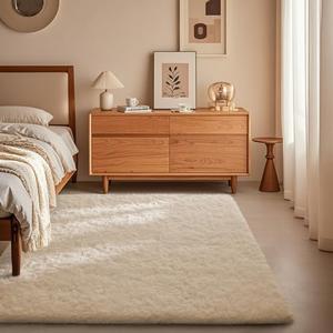 Ophanie 3x5 Rug, Bedside Preppy Dorm Area Rug, College Essentials Non Slip Ivory Small Carpets for Bedroom, Anti Slip Fluffy Living Room Rugs Home Decor Aesthetic, Nursery