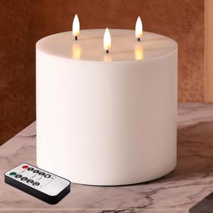 White 3 Wick Flameless Candle with Remote, 6x6 inch Giant LED Pillar Candle, Battery Operated Real Wax Flickering