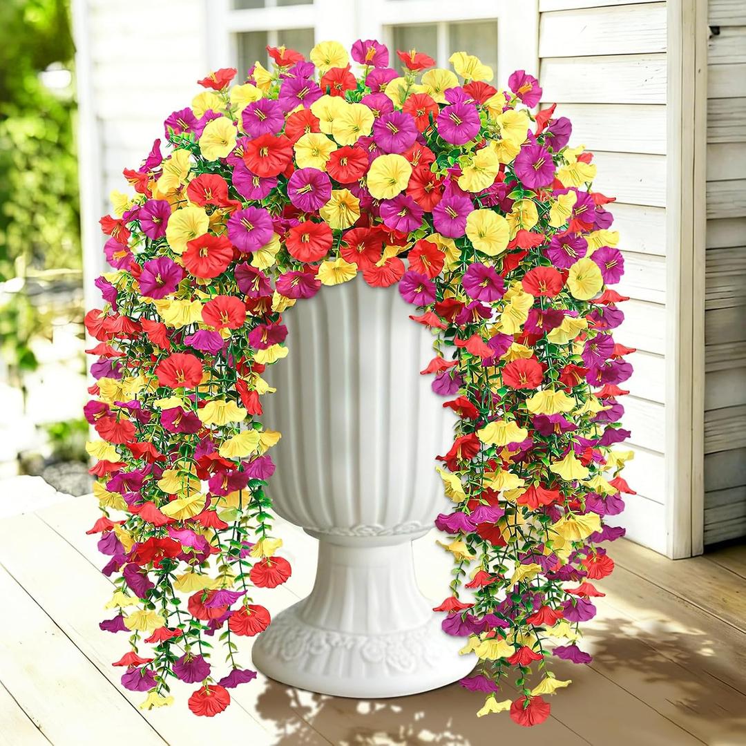 Artificial Hanging Flowers for Outdoors, 2 PCS 300 Blooms UV Resistant Morning Glory Faux Silk Vines, No-Odor Realistic Fake Plants for Garden Planter Porch Patio Decoration, Purple & Yellow & Red
