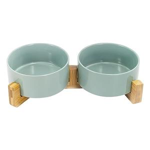 Ceramic Dog and Cat Bowl Set with Wooden Stand, Modern Cute Weighted Food Water Set for Small Size Dogs (13.5OZ) & Medium Sized Dogs (28.7OZ) & Cats (3.6 Cups, 2 × Morandi Green)
