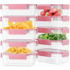 10-Pack Food Storage Containers with Airtight Leakproof Lids, BPA-Free Meal Prep Containers for Microwave/Dishwasher/Freezer, Pink, 47.3oz Each