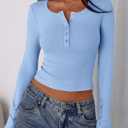 PRETTYGARDEN Women's 2025 Summer Long Sleeve Henley T Shirts Ribbed Knit Button Slim Fitted Basic Casual Going Out Fall Tops (Blue, XS)
