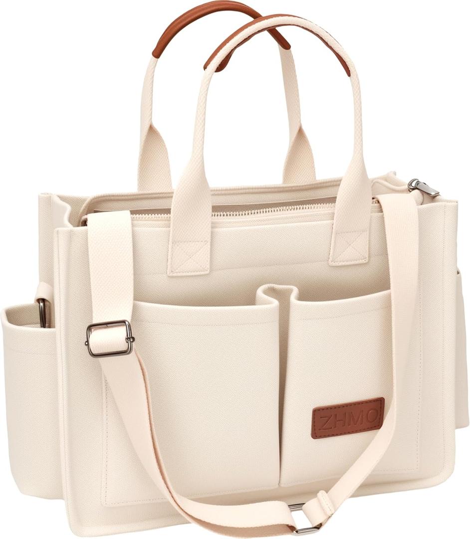 Tote Bag for Women With Compartments,Large Canvas Totes Women's Purse Crossbody Bags Work Laptop Book Bag Shoulder Handbags, Beige 