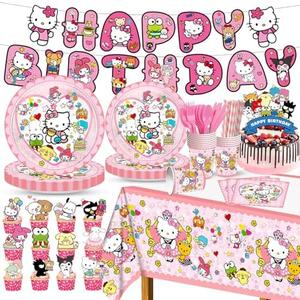 Party Decoration Hello Pink Cat 1pc Tablecover 20 pcs Plates 20 pcs Napkins 1pc Birthday Banner 10 Spoons 10 Knives 10 Fork 10 Straws 25pcs Cake Topper for Theme Party Decoration Favor Sets