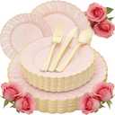 Pink Plastic Plates with Gold Rim, Scalloped Plastic Plates Set Includes 25 Dinner, 25 Dessert Plate, 75 Gold Silverware for 25Geusts for Wedding Birthday Parties (125Pcs Pink)