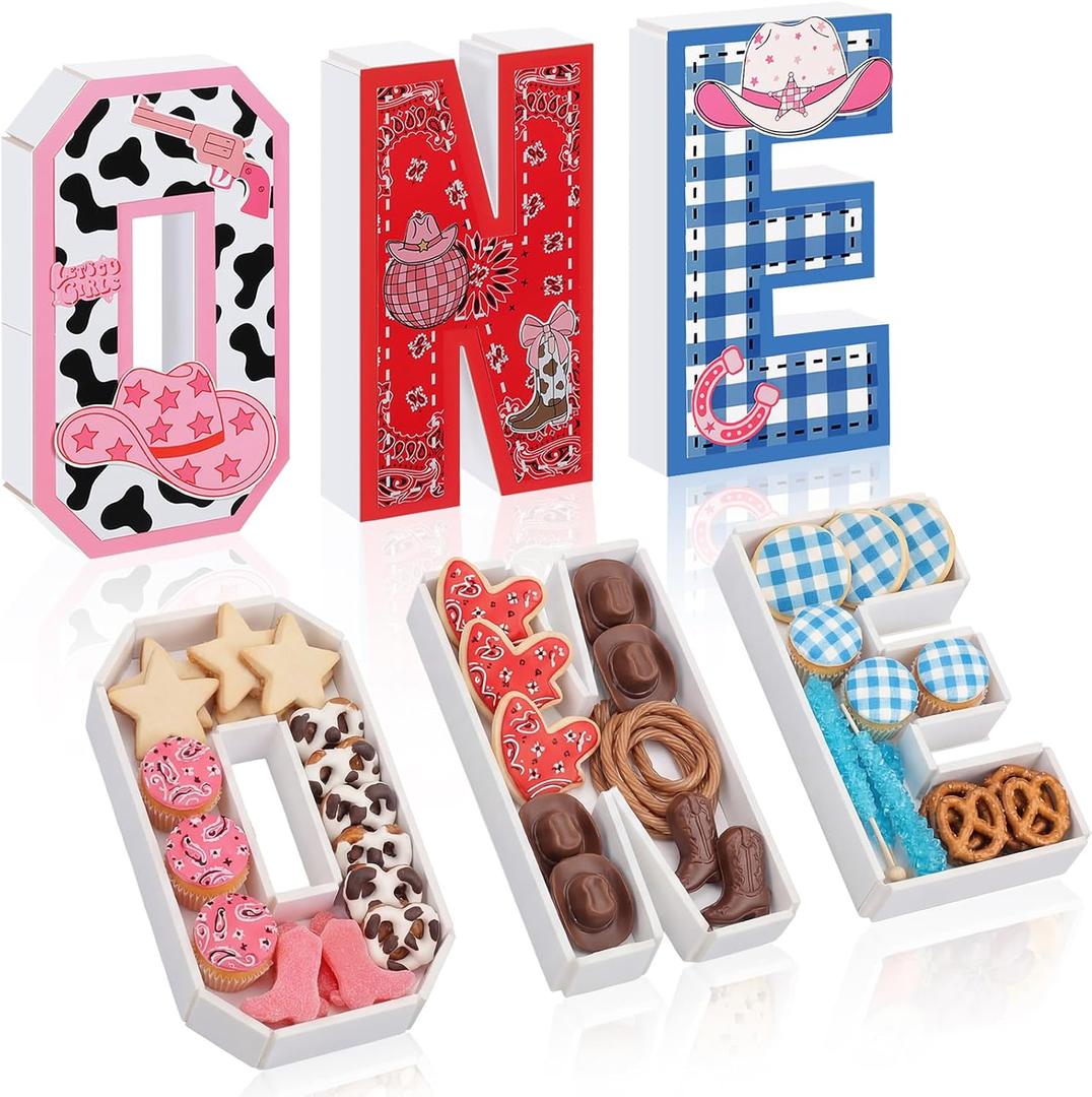 Yalikop 3 Pcs One Letter Fillable DIY Tray Food Box 10 Inch Charcuterie Board Letters Cardboard Serving Trays for Food 1st Birthday Anniversary Party Dessert Table Photo Props(Cowboy Theme)