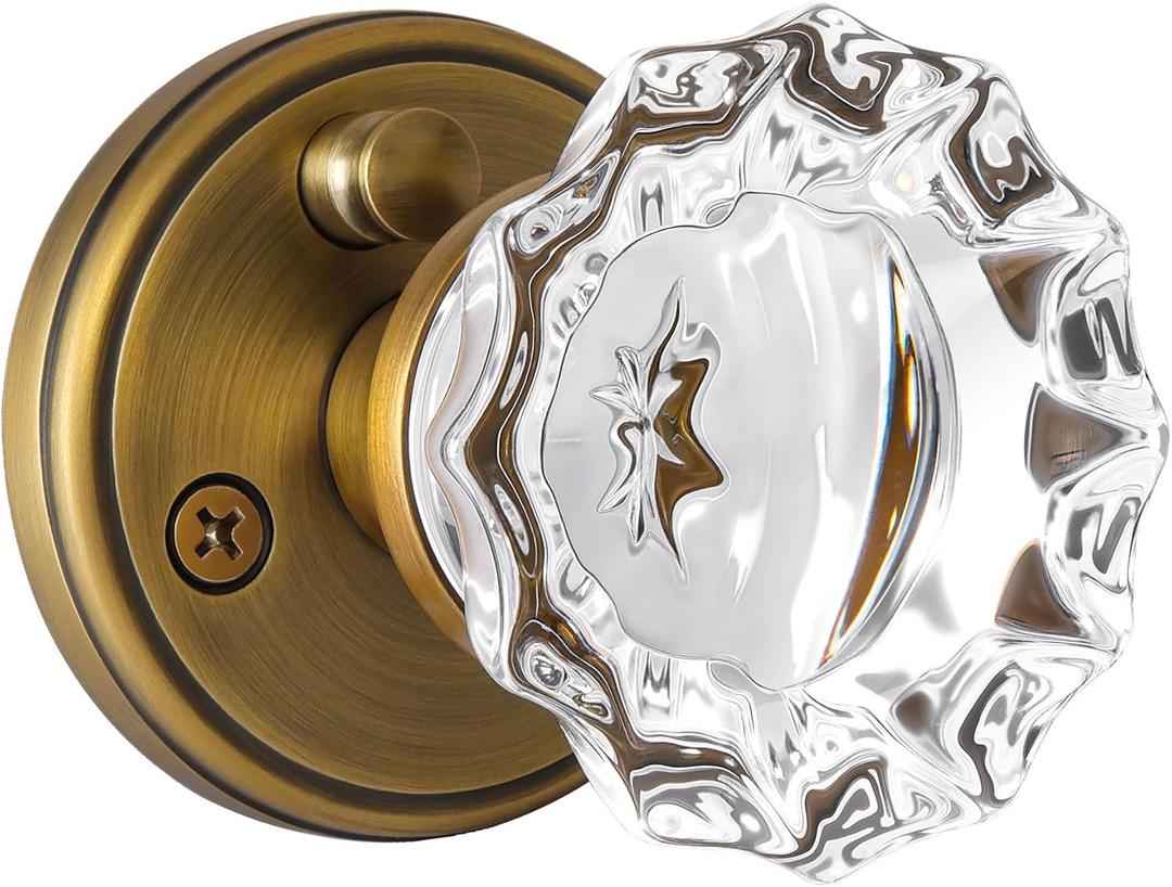 Glass Door Knobs Interior, Vintage Privacy Clear Crystal Door Knobs with Lock Antique Brass Door Knob for Bedroom Bathroom, 1 Pack