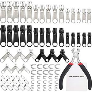 TecUnite 85 Pcs Zipper Repair Kit with Replacement Zipper and Pull Nylon Zippers Slider Universal Zippers Repair Kit with Instruction Manual Install Plier for Luggage Jacket Coat Jean Black and Silver