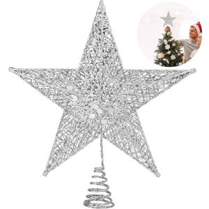 Fovths Christmas Tree Topper 8 Inches Metal Glittered Christmas Tree Topper Wire Star Treetop Sparkle Xmas Decoration for Christmas Tree Ornament Indoor New Year Holiday Party Supplies (Silver)