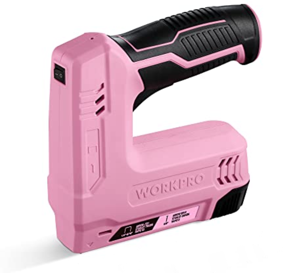 WORKPRO Electric Staple Gun, 2-in-1 Brad Nailer Electric, 3.6V Staple Gun for Upholstering, Crafts, Carpentry, DIY, Pink Ribbon