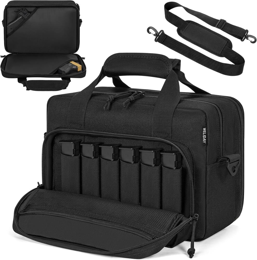 Tactical Gun Range Bag, Pistol Carrying Bag for 2 Handguns and Ammo, Firearm Shooting Case with 6 Magazine Slots and Lockable Zipper for Shooting Range & Outdoor Hunting (Black)