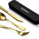 4-pieces Travel Set with Case Portable Silverware Utensils Set for work, Stainless Steel Reusable Flatware Set Cutlery Set for Camping Picnic Hiking Office (8inch, Matte Gold)