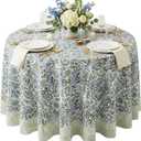 ATOSII Clover Blue 100% Cotton Round Boho Fall Tablecloth, Handblock Floral Table Cloth Linen for Kitchen Dining I Parties Wedding Outdoors Christmas Thanksgiving I 60" Inches Round I 4 Seater