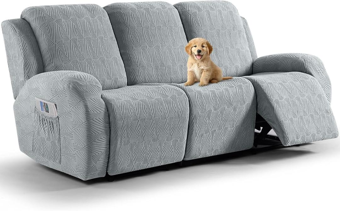 VANSOFY Recliner Couch Cover, 8-Pieces Stretch Recliner Sofa Cover Soft Jacquard Reclining Slipcover Furniture Protector with Elastic Bottom for Kid, Pets(3 Seat,Light Gray)