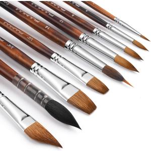 Watercolor Brushes Professional, Fuumuui 9pcs Sable Paint Brushes & Natural Squirrel Mop Brush Set with Extended Needle, Round Point, Flat, Dagger, Quill Wash for Watercolor Gouache Inks (Bronze)
