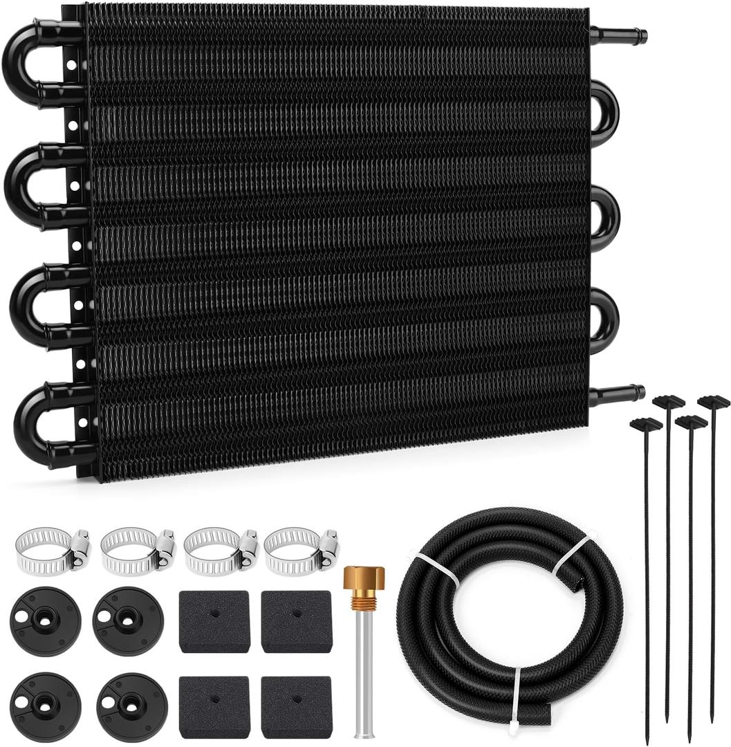 Universal Transmission Oil Cooler, 8 Pass Tube and Fin Design, Compatible with Ford, Chevrolet &Dodge Ram- Black- Aluminium