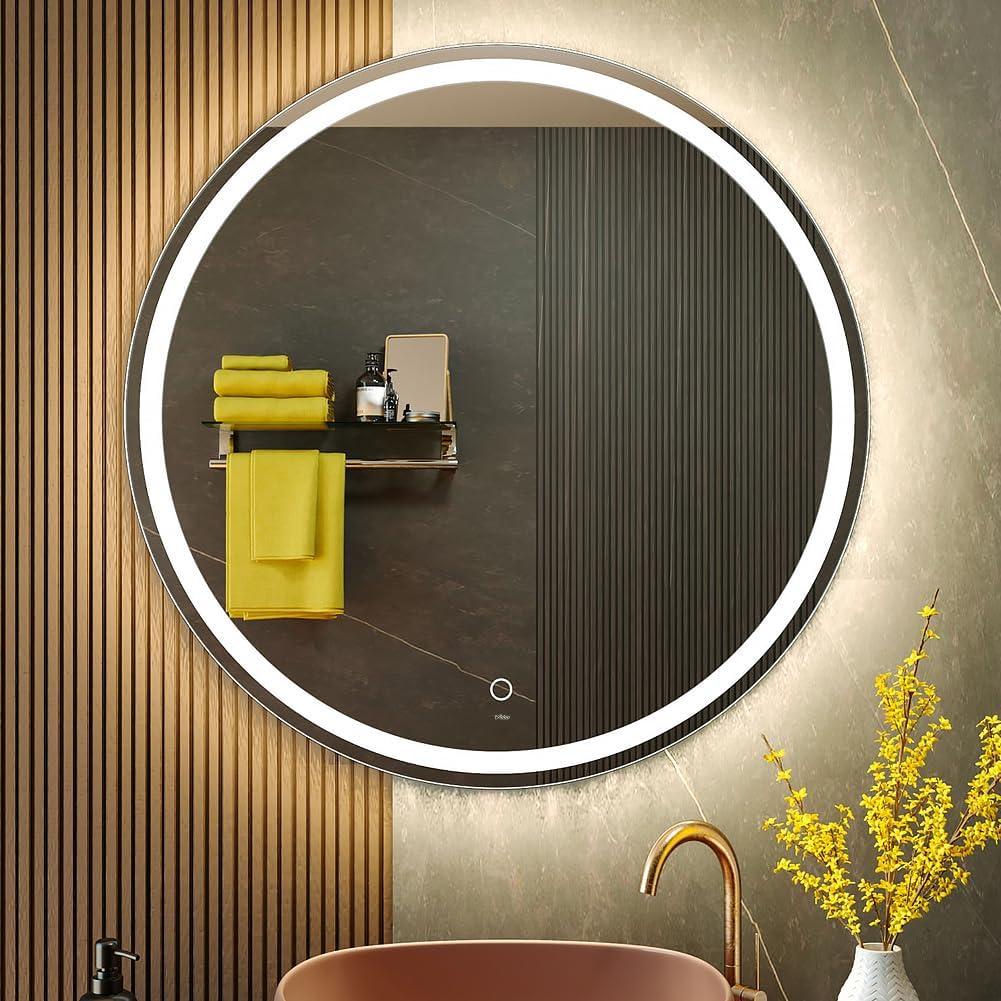 KWW 32 Inch Large Modern LED Round Bathroom Vanity Mirror, Color Temperature Adjustable, Anti-Fog Dimmable Lights, Easy to Install, Wall Mounted Makeup Mirror with Smart Touch Button